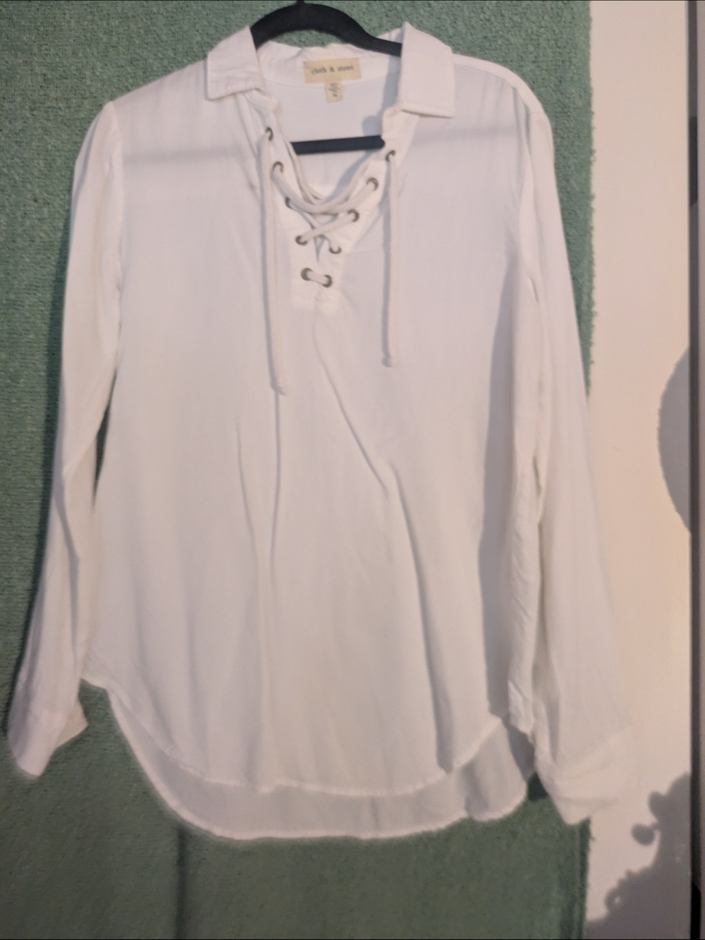 cloth & stone White Lace-Up Collared Long Sleeve Blouse
